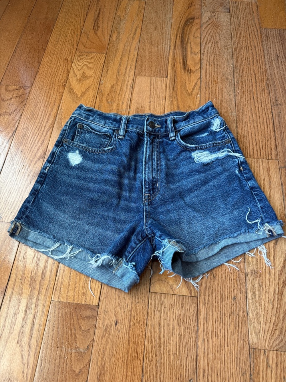 American Eagle Outfitters Distressed Dark Blue High-Rise Jean Shorts